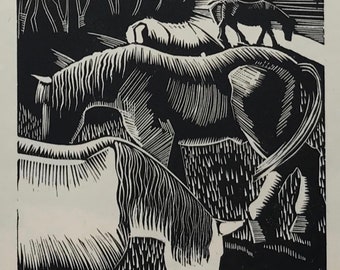 JOHN NASH &#39;Horses Grazing&#39; Wood Engraving. Printed on Basingwerk Parchment by Shenval Press from Original Block c.2.75x2.5ins.