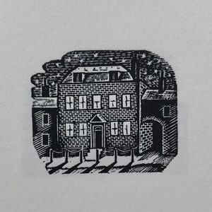 May include: A black and white illustration of a brick building with a door and windows. The building is surrounded by a fence and there are shadows on the ground.