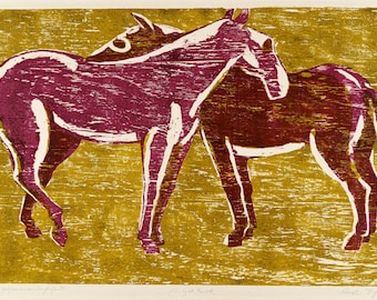 1930s KURT SCHEELE 'Pferde Gegeneinanderstehend'. Print of Colour Woodcut. Printed on Handmade 100% Cotton 150gsm Paper. A4 Sized.