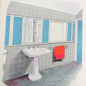1954 ROLAND COLLINS LITOGRAFIA Bagno Oxford House W.S.Cowell Ltd Dimensioni foglio 9,75x7 pollici.