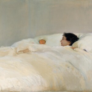 May include: An oil painting depicts a woman and a baby in a bed. The woman, with dark hair, is lying on her side, facing the baby. The baby is nestled under the covers. The bed and bedding are white.