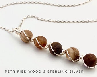 Petrified wood pendant necklace, matte finish with sterling silver