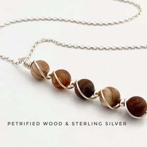 Petrified wood pendant necklace, matte finish with sterling silver