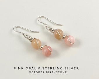 Boucles d'oreilles opale rose, pierre de naissance d'octobre, boucles d'oreilles opale et argent sterling