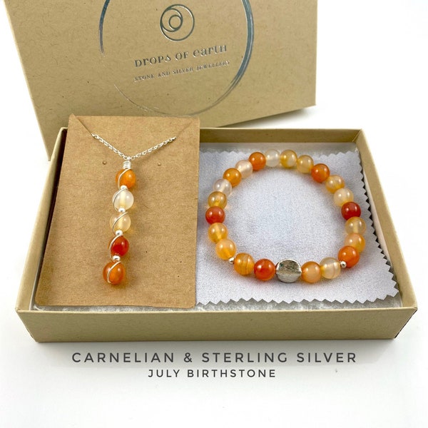 July Birthstone, Carnelian necklace, Carnelian Bracelet, sterling silver, gift set.