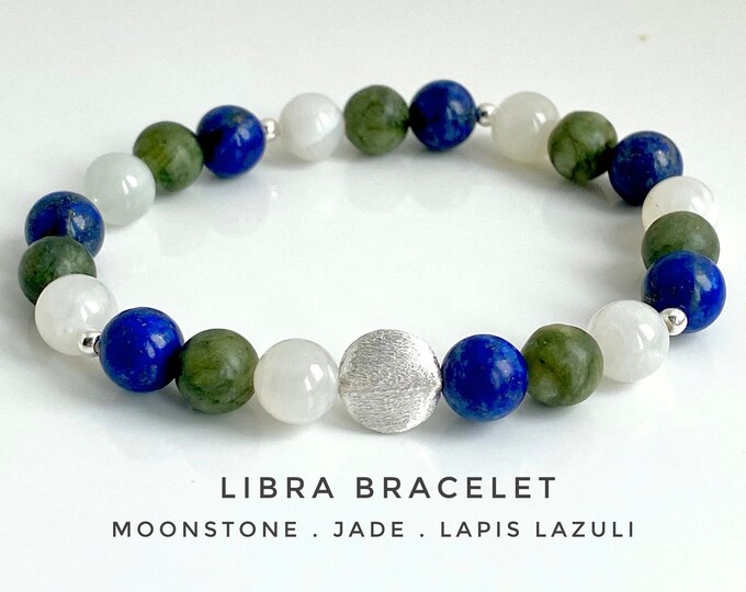 Libra Crystal Bracelet, Moonstone, Jade, Lapis Lazuli, 925 Sterling Silver, Astrology Gift, Zodiac Bracelet