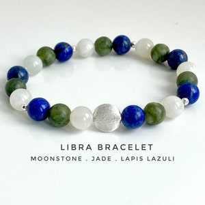 Libra Crystal Bracelet, Moonstone, Jade, Lapis Lazuli, 925 Sterling Silver, Astrology Gift, Zodiac Bracelet