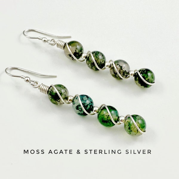 Succulent earrings, Moss Agate Earrings, Succulent jewelry, Sterling Silver