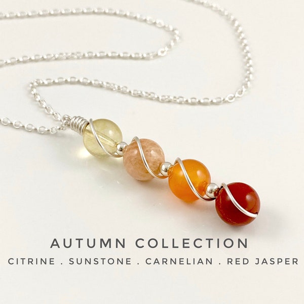 Autumn necklace with crystals Citrine Carnelian Sunstone Red Jasper and 925 Sterling Silver