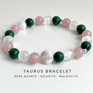 Taurus Crystal Bracelet, Rose Quartz, Malachite, Selenite, 925 Sterling Silver, Astrology Gift, Zodiac Bracelet image 1