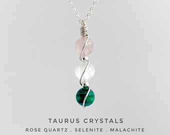 Taurus Necklace, Handmade Taurus Crystal Necklace,  Zodiac gift, Malachite, Rose Quartz, Selenite, 925 Sterling Silver