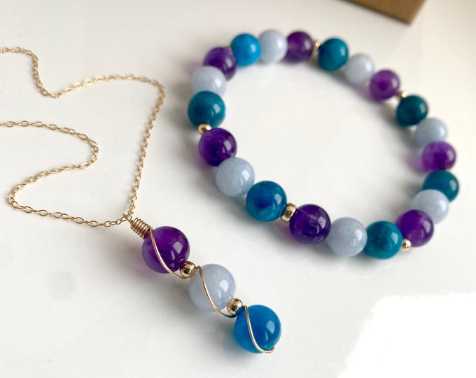 Aquarius Zodiac Gift set, February birthstone gift, Aquamarine, Amethyst and Apatite Necklace and Bracelet