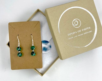 Malachite Earrings, Drop Earrings, 925 Sterling silver, Dark Green Earrings