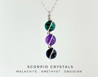Handmade Scorpio Crystal Necklace, Zodiac Necklace, Malachite, Amethyst, Obsidian, Astrology gift