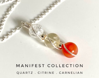 Carnelian necklace, Citrine, Quartz, 925 Sterling Silver, Healing crystals, Crystal necklace