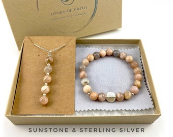 Sunstone, jewelry gift set, sterling silver celestial jewelry