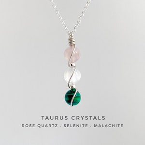 Taurus Necklace, Handmade Taurus Crystal Necklace,  Zodiac gift, Malachite, Rose Quartz, Selenite, 925 Sterling Silver