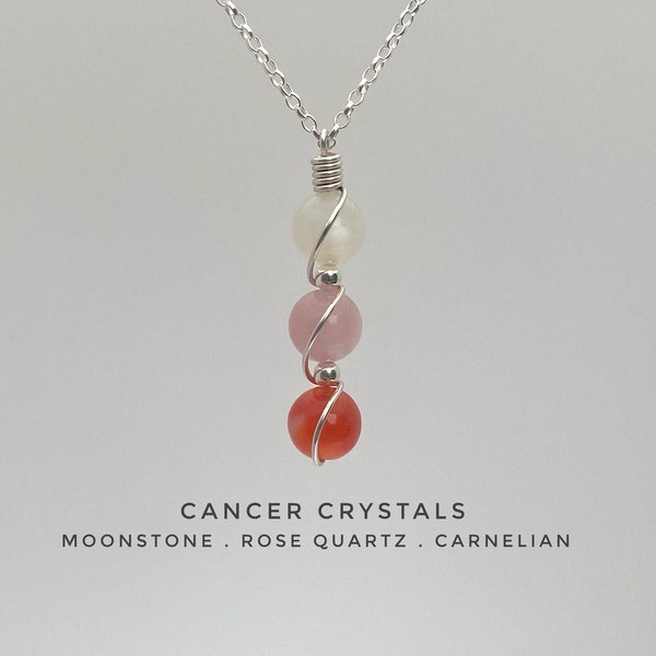 Handmade Cancer Zodiac Crystal Necklace, Zodiac Necklace, Moonstone, Rose Quartz, Carnelian, Astrology Gift