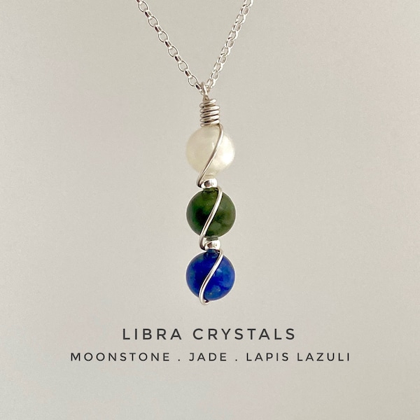 Handmade Libra Crystal Necklace, Zodiac Gift, Jade, Moonstone, Lapis Lazuli, star sign gift, Astrology necklace