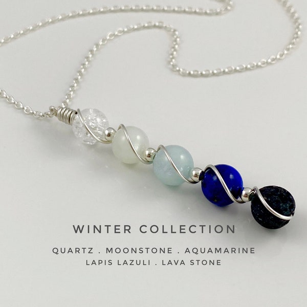 Diffuser necklace, Winter Necklace, Moonstone, Lapis Lazuli, Aquamarine, Quartz, Sterling Silver, new beginning