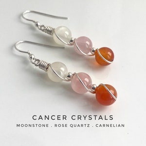 Cancer Zodiac, crystal earrings, Moonstone, Rose Quartz, Carnelian, Cancer birthday gift