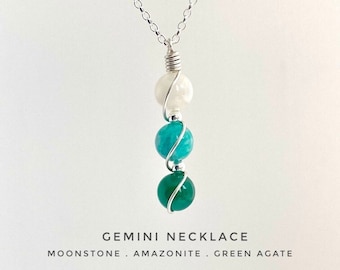 Gemini Necklace, Zodiac necklace, Moonstone, Amazonite, Green Agate, Crystal Necklace, Christmas Gift, Star Sign Necklace