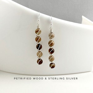Wooden earrings, Petrified Wood, Matte finish, Sterling Silver,  Statement Earrings,  Long dangle earrings