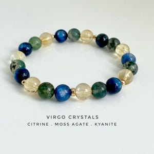 Virgo Zodiac, Crystal Bracelet, Birthstone and Astrology gift, Citrine, Moss Agate, Kyanite, 14k gold Filled Accents,