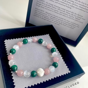 Taurus Crystal Bracelet, Rose Quartz, Malachite, Selenite, 925 Sterling Silver, Astrology Gift, Zodiac Bracelet image 2