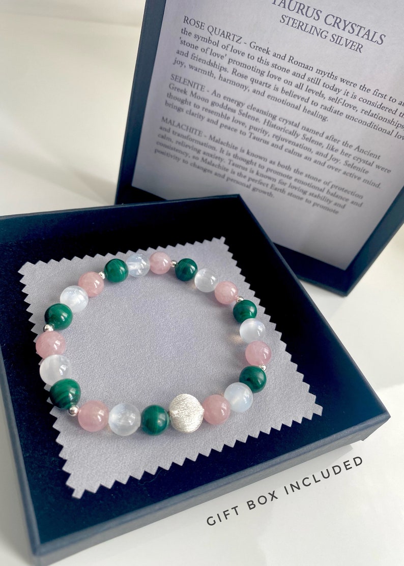 Taurus Crystal Bracelet, Rose Quartz, Malachite, Selenite, 925 Sterling Silver, Astrology Gift, Zodiac Bracelet image 2