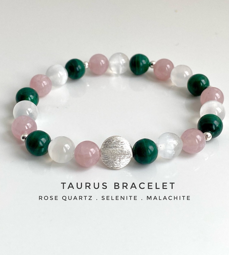 Taurus Crystal Bracelet, Rose Quartz, Malachite, Selenite, 925 Sterling Silver, Astrology Gift, Zodiac Bracelet image 1