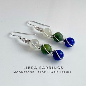 Handmade Libra Crystal Earrings featuring Moonstone Jade and Lapis Lazuli with 925 Sterling Silver.
