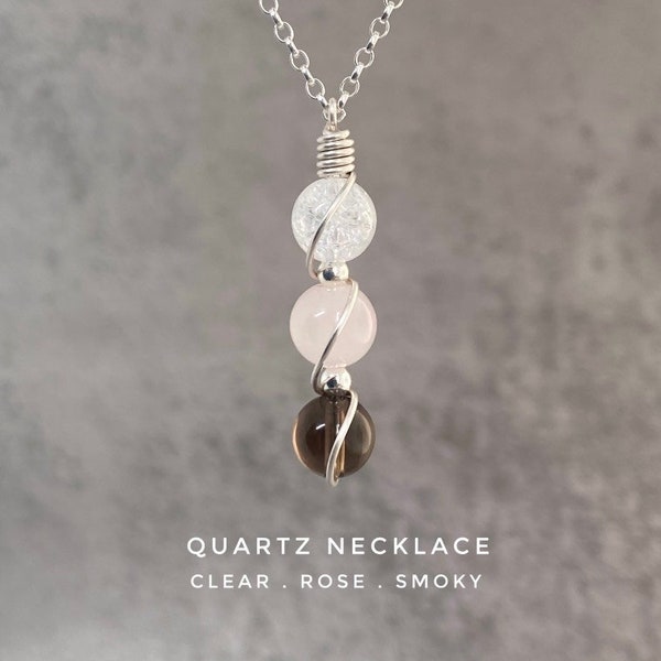 Smoky Quartz, Rose Quartz, Clear Quartz Necklace, 925 Sterling Silver, Crystal Necklace