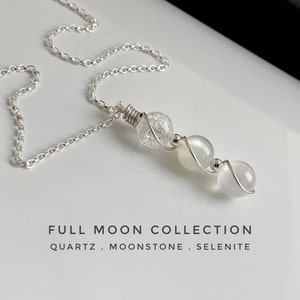 Moonstone necklace, Full Moon Necklace with Quartz Moonstone Selenite & 925 Sterling Silver