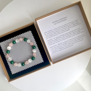 Taurus, Crystal Bracelet, 14ct gold, Selenite, Malachite, Rose Quartz, Birthstone gift