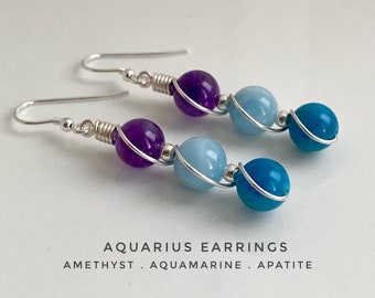 Zodiac Aquarius Crystal Earrings With Amethyst Aquamarine Apatite