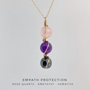 Empath Protection necklace, 14ct Gold, Hematite, Rose Quartz, Amethyst, Handmade, wire wrapped, 925 Sterling Silver,