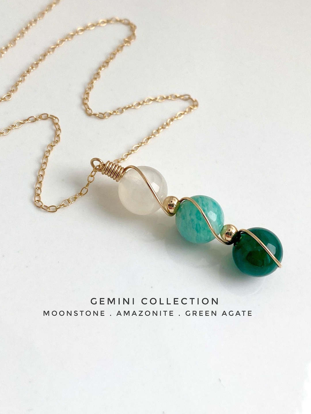 Gemini Crystal Necklace, 14ct Gold, Moonstone, Amazonite, Green