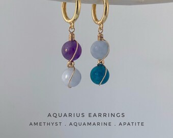 14k Gold Aquarius Zodiac Gemstone Huggie Hoops Gift for Astrology