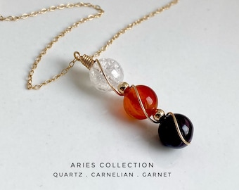 Astrology Gold Aries Necklace, Zodiac Gift, Carnelian Necklace, Quartz Pendant, Garnet, 14ct Gold Filled