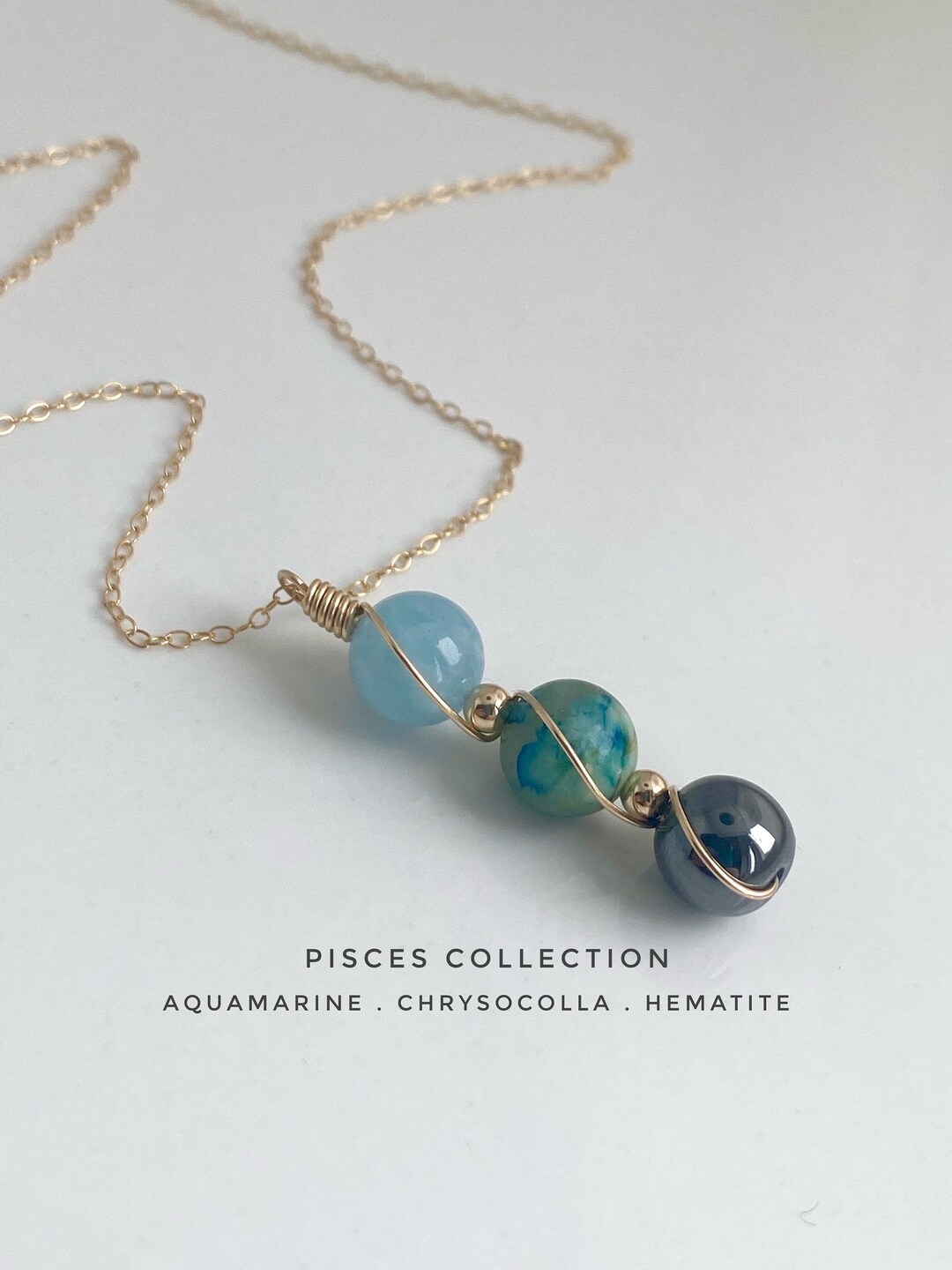 Pisces Necklace, 14ct Gold, Aquamarine Necklace, Chrysocolla, Hematite ...