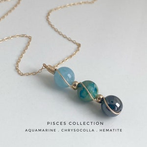 Pisces Necklace, 14ct gold, Aquamarine Necklace, Chrysocolla, Hematite, March Birthstone Crystal Necklace, Zodiac gift