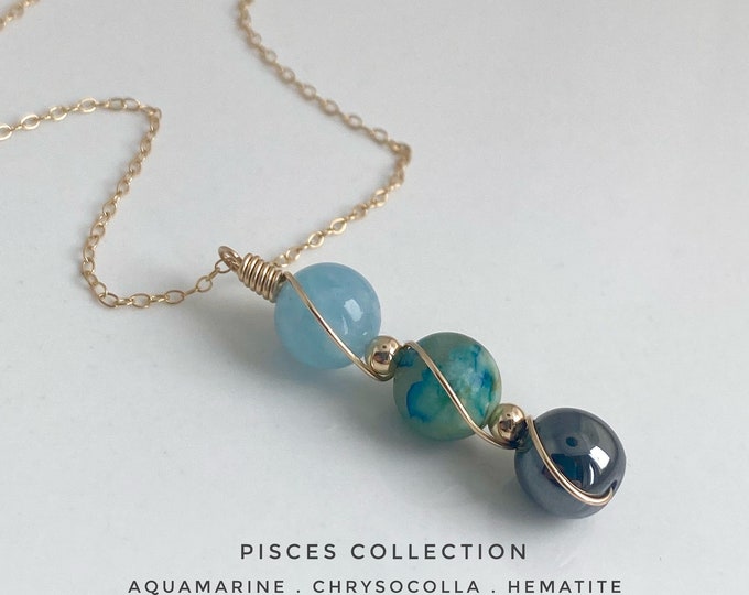Pisces Necklace, 14ct gold, Aquamarine Necklace, Chrysocolla, Hematite, March Birthstone Crystal Necklace, Zodiac gift