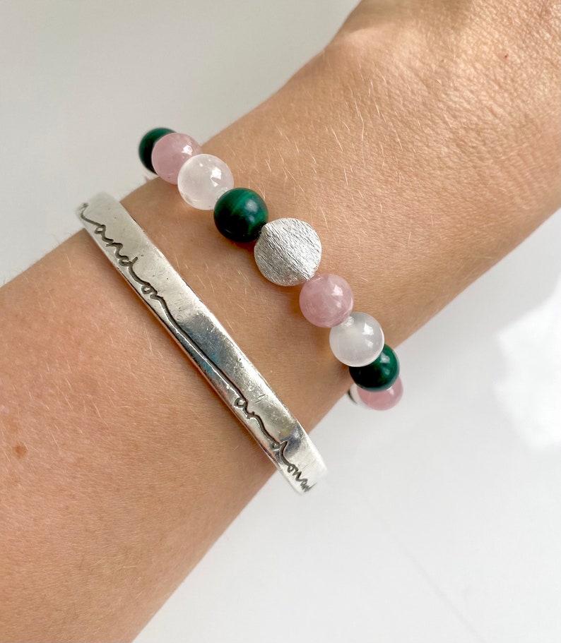 Taurus Crystal Bracelet, Rose Quartz, Malachite, Selenite, 925 Sterling Silver, Astrology Gift, Zodiac Bracelet image 3