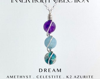 Celestite necklace, Amethyst Necklace, K2 Azurite Necklace,  Dream Manifestation and Motivational gift
