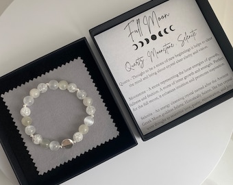 Moonstone Selenite Quartz Full Moon Crystal Bracelet with 925 Sterling Silver