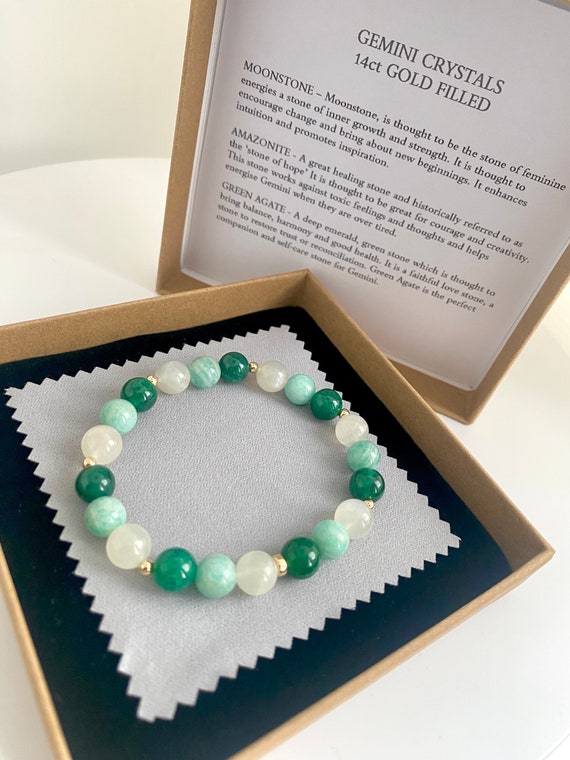 Gemini Crystal Bracelet, 14ct gold filled, Moonstone, Amazonite, Green  Agate, Birthstone gift