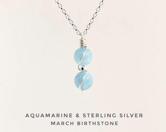 March Birthstone Aquamarine Necklace, Genuine Crystal Pendant, 925 Sterling Silver, Handmade wire wrapped necklace