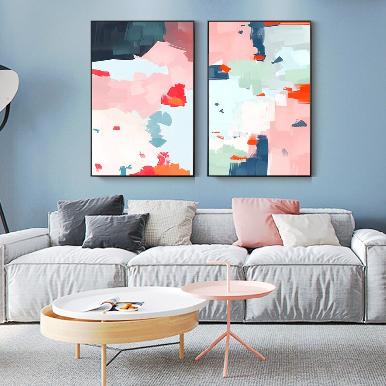 Framed Wall art Set of 2 Prints Abstract Pink Navy Blue Red Etsy
