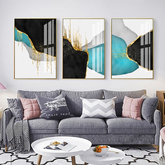 Framed Wall Art Set of 3 Prints Abstract Gold Blue Black Print Etsy
